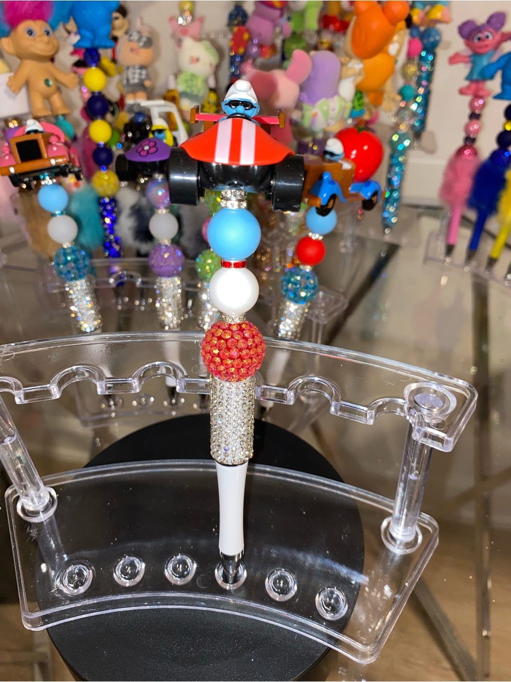 Smurfs Beaded Pen with Red and Blue Race Car
